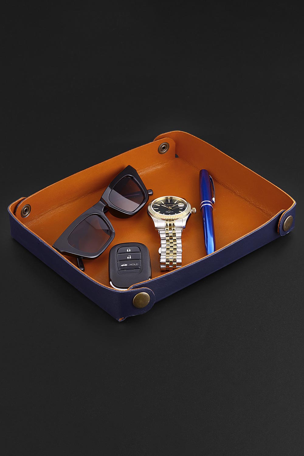 Navy Vale Deri Tepsi Large